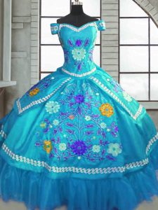 Teal Short Sleeves Beading and Embroidery Floor Length Ball Gown Prom Dress