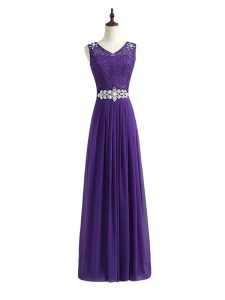 Fashion Lavender Sleeveless Beading and Lace Floor Length Vestidos de Damas