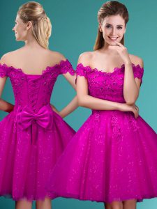 Fantastic Knee Length Fuchsia Dama Dress Tulle Cap Sleeves Lace and Belt