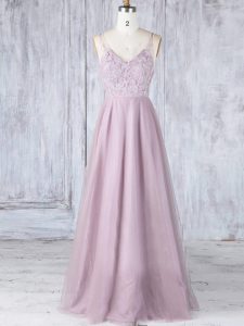 Sophisticated Pink Sleeveless Lace Floor Length Quinceanera Court Dresses