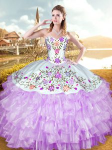 Lilac Ball Gowns Embroidery and Ruffled Layers Vestidos de Quinceanera Lace Up Organza and Taffeta Sleeveless Floor Length