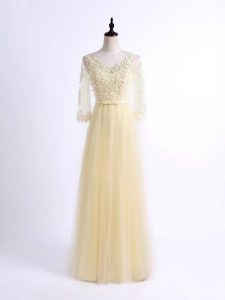 Light Yellow Tulle Lace Up V-neck Half Sleeves Floor Length Quinceanera Dama Dress Lace