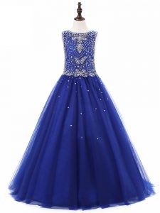 Sweet Floor Length A-line Sleeveless Royal Blue Little Girl Pageant Gowns Lace Up