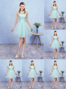 Aqua Blue Tulle Lace Up Vestidos de Damas Cap Sleeves Mini Length Appliques