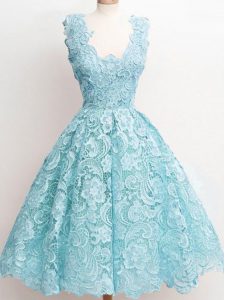Aqua Blue Straps Zipper Lace Vestidos de Damas Sleeveless