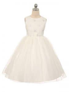 Sleeveless Knee Length Beading Lace Up Little Girl Pageant Dress with White