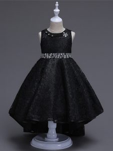 Latest Black Scoop Lace Up Beading Kids Pageant Dress Sleeveless