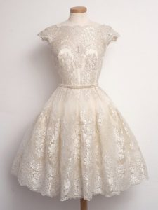 Cap Sleeves Lace Knee Length Lace Up Quinceanera Court of Honor Dress in Champagne with Lace