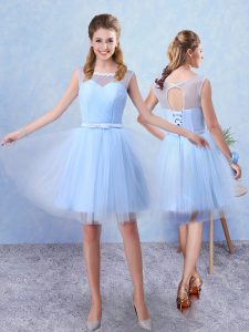 Blue A-line Scoop Sleeveless Tulle Knee Length Lace Up Ruching and Belt Vestidos de Damas