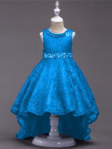 Blue Lace Up Scoop Beading Glitz Pageant Dress Lace Sleeveless