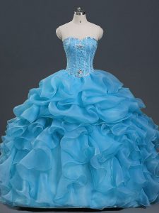 Ball Gowns 15th Birthday Dress Baby Blue Sweetheart Organza Sleeveless Floor Length Lace Up