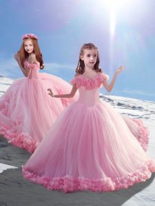 Tulle Off The Shoulder Sleeveless Court Train Lace Up Hand Made Flower Little Girls Pageant Gowns in Baby Pink