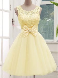 Light Yellow Tulle Lace Up Quinceanera Court Dresses Sleeveless Knee Length Lace and Bowknot