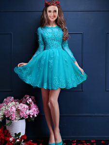 Aqua Blue Lace Up Scalloped Beading and Lace and Appliques Vestidos de Damas Chiffon 3 4 Length Sleeve