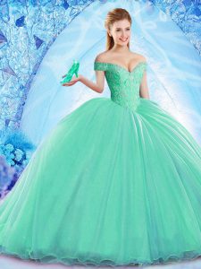 Trendy Turquoise Sleeveless Brush Train Beading Quinceanera Dress