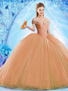 Shining Orange Organza Lace Up Off The Shoulder Sleeveless Vestidos de Quinceanera Brush Train Beading