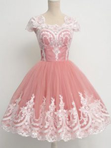 Fashion Square Cap Sleeves Quinceanera Court Dresses Knee Length Lace Peach Tulle