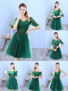 Adorable Green Dama Dress for Quinceanera Prom and Party with Lace V-neck Half Sleeves Backless