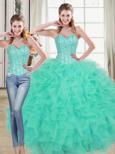 Gorgeous Turquoise 15 Quinceanera Dress Organza Brush Train Sleeveless Beading and Ruffled Layers