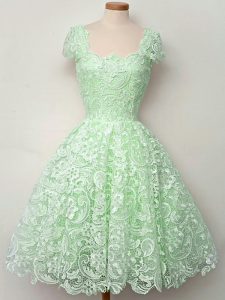 Noble Apple Green Lace Lace Up Quinceanera Dama Dress Cap Sleeves Knee Length Lace