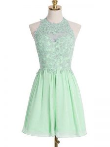 Halter Top Sleeveless Quinceanera Court Dresses Knee Length Appliques Apple Green Chiffon