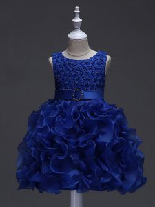 Best Royal Blue Sleeveless Knee Length Ruffles and Belt Lace Up Child Pageant Dress