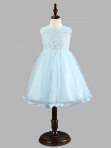 Cute Light Blue Scoop Neckline Lace and Bowknot Little Girls Pageant Dress Sleeveless Zipper