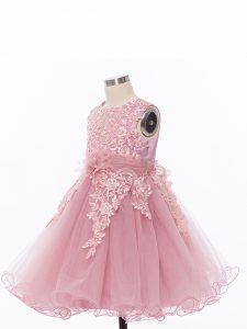 Wonderful Pink A-line Tulle Scoop Sleeveless Appliques and Hand Made Flower Knee Length Zipper Winning Pageant Gowns