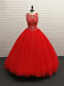 Tulle Scoop Sleeveless Brush Train Zipper Beading Sweet 16 Quinceanera Dress in Red