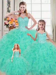 Sleeveless Floor Length Beading and Ruffles Lace Up Quinceanera Gown with Turquoise