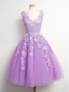 Lilac Lace Up Quinceanera Dama Dress Appliques Sleeveless Knee Length