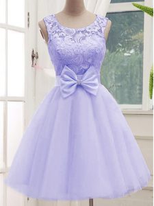 Scoop Sleeveless Quinceanera Dama Dress Knee Length Lace and Bowknot Lavender Tulle