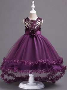 Trendy Dark Purple Scoop Neckline Appliques and Hand Made Flower Kids Pageant Dress Sleeveless Zipper