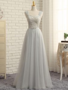 Grey Empire Tulle Straps Sleeveless Lace Floor Length Zipper Court Dresses for Sweet 16 Sweep Train