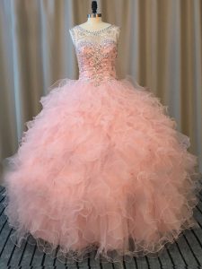 Simple Pink Scoop Lace Up Beading and Ruffles Sweet 16 Dresses Sleeveless