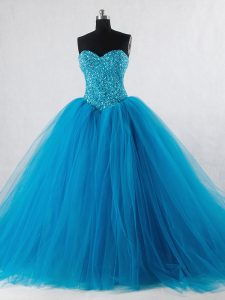 Baby Blue Tulle Lace Up Sweet 16 Dresses Sleeveless Floor Length Beading