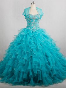 Fabulous Sleeveless Brush Train Beading and Ruffles Lace Up Quinceanera Dress