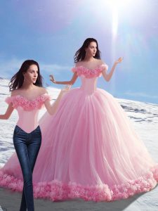 Colorful Baby Pink Off The Shoulder Lace Up Hand Made Flower Quinceanera Dresses Brush Train Sleeveless
