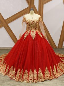 Sumptuous Wine Red Lace Up Quinceanera Gowns Beading and Appliques Long Sleeves Court Train