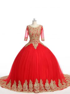 Elegant Lace and Appliques 15 Quinceanera Dress Red Zipper Half Sleeves Brush Train