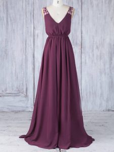 V-neck Sleeveless Backless Damas Dress Burgundy Chiffon