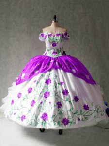 Dramatic Floor Length White And Purple Quince Ball Gowns Organza and Taffeta Cap Sleeves Embroidery and Ruffles