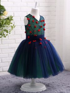 Best Knee Length Navy Blue Child Pageant Dress Tulle Sleeveless Lace and Appliques