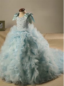 Perfect Sleeveless Beading and Ruffles and Bowknot Zipper Pageant Gowns For Girls with Light Blue Brush Train