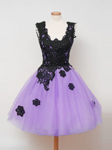 Admirable Lilac Tulle Zipper Straps Sleeveless Knee Length Dama Dress Appliques