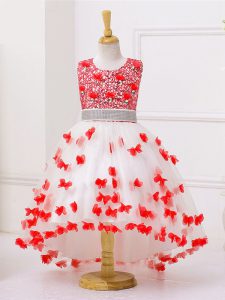 Latest White And Red Tulle Zipper Scoop Sleeveless High Low Child Pageant Dress Appliques and Sequins