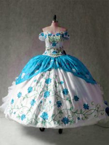Blue And White Ball Gowns Off The Shoulder Cap Sleeves Organza and Taffeta Floor Length Lace Up Embroidery and Ruffles Sweet 16 Quinceanera Dress