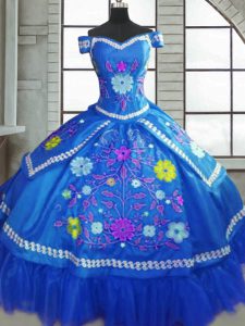 Blue Short Sleeves Taffeta Lace Up Quinceanera Gowns for Military Ball and Sweet 16 and Quinceanera