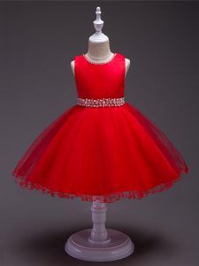 Elegant Red Organza Zipper Kids Pageant Dress Sleeveless Knee Length Beading