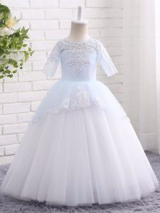 Floor Length Ball Gowns Half Sleeves Blue And White Girls Pageant Dresses Clasp Handle